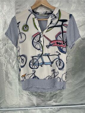 Women's Button-Front Short Sleeve Blouse Bicycle Fun Print Striped Trim Size M